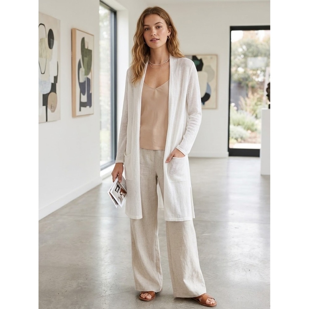 J. Jill White Linen Blend Open Front Longline Cardigan Sweater Large SSW119441